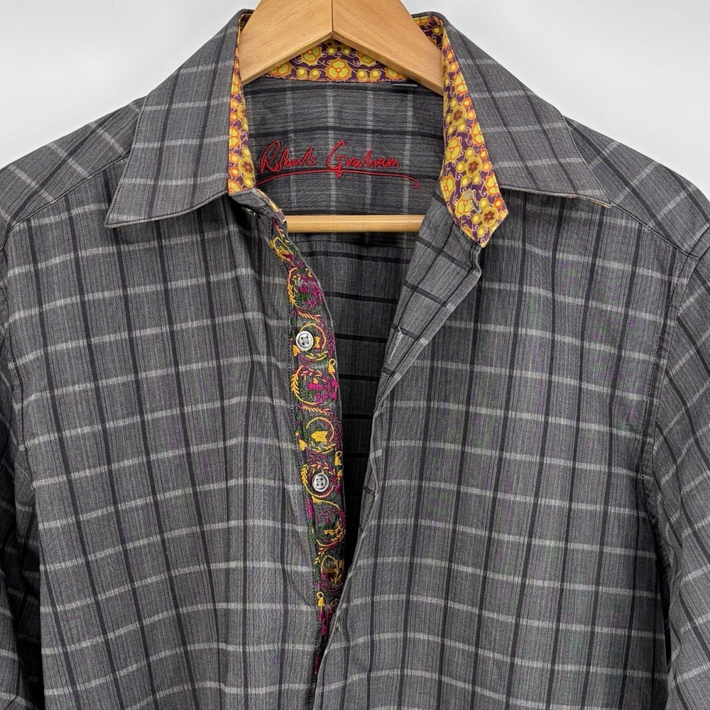 Robert Graham Shirt Men Medium Grey Plaid Floral Flip Cuffs Embroidered Designer